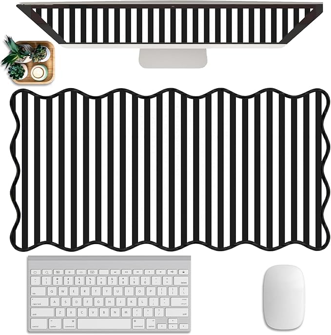 Scalloped Desk Mat Extended Large Cute Striped Mouse Pad Big Desk Pad XXL Aesthetic Stripe Mousepad Gaming Mouse Pad for Keyboard Computer Laptop Home Office Accessories 31.5X15.7Inches Black White