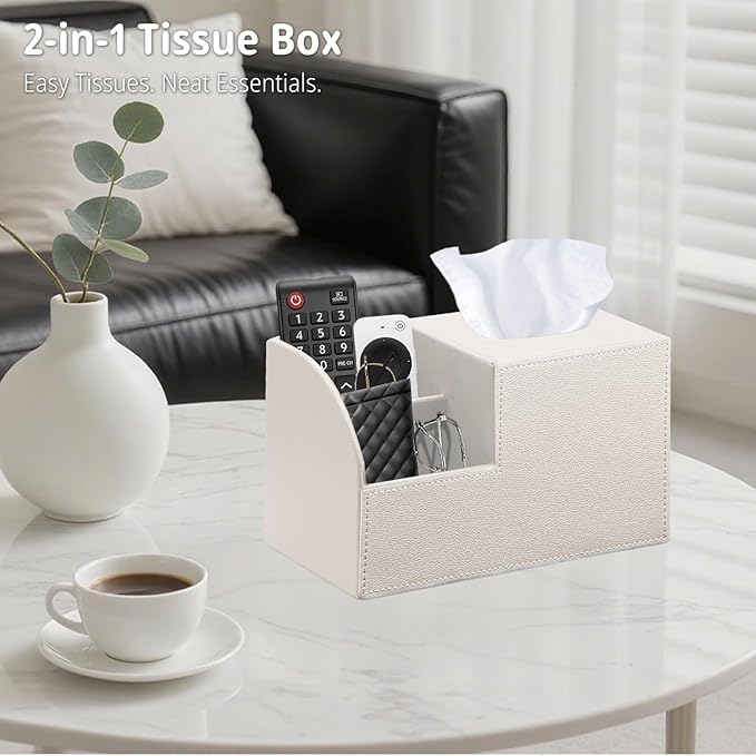 Square Tissue Box Cover with Storage, PU Leather Cube Tissue Box Holder, Remote Control Nightstand Organizer, Modern Desk Caddy for End Table, Bathroom, Bedroom, Home, Office Decor