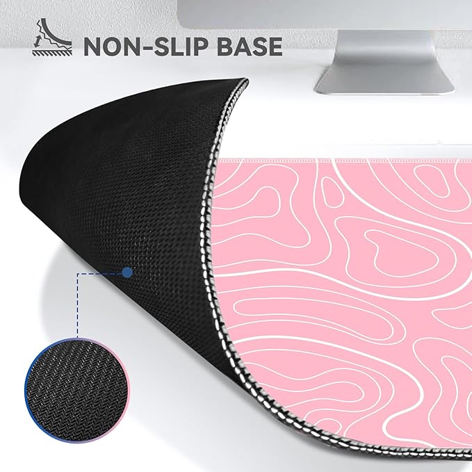 Gaming Mouse Pad Big Mousepad with Non-Slip Rubber Base, 31.5 x 11.8 in XL Large Desk Mat for Gaming Home Office, Long Keyboard Pad Mouse Mat for Computer with Stitched Edges, Pink Topographic