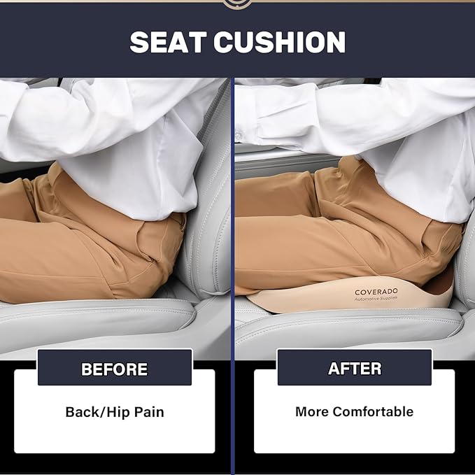 Coverado Car Seat Cushion with Memory Foam, Ergonomic Driving Seat Cushion for Sciatica, Tailbone, Back Pain Relief, Premium Non-Slip Washable Cushion for Car, Driver, Office, Wheelchair