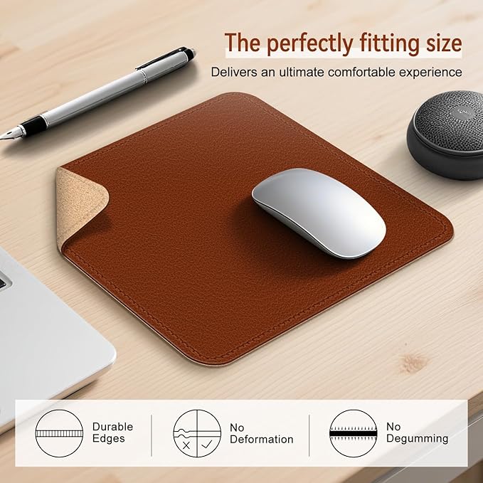 Leather Mouse Pad with Stitched Edge, Waterproof Gaming Mouse Mat for Computers, Laptop, Office & Home (Brown, 11"*8")