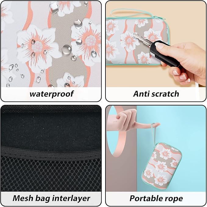 Cute Floral Phone Charger Storage Case Cover Set White Camellia Flowers Design Travel Carrying Bag with Cable Protector Cord Organizer, Lightning Cable Chomper,Charger Saver Compatible for iPhone