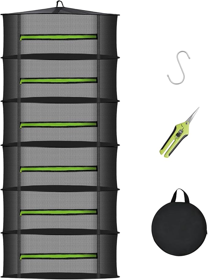 MEKOLIFE Herb Drying Rack with Mesh Design, Hanging Drying Rack with Green Zipper & Garden Pruning Shears – Versatile Plant Drying Solution (6 Layers)