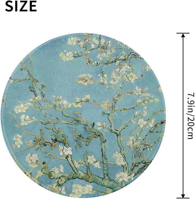 Van Gogh Almond Blossom Round Mouse Pad Premium Textured Mouse Mat Washable Mousepads with Extended Stitched Edges Non Slip Rubber Base Small Mousepad 7.9 * 7.9 * 0.12 Inches