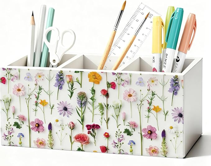 Floral Pen Pencil Holder for Desk Accessories, Cottagecore Colorful Wildflower Botanical Wooden Box Sign Decorations for Girls Room Bedroom Dorm Home Office Desk Tabletop