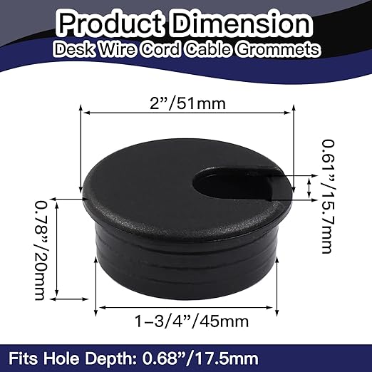 2pcs 1-3/4 Inch Desk Grommet, Plastic Desk Hole Cover, Black Cable Hole Cover, Desk Hole Grommet for Wire Cord Organizing Office Computer Desk