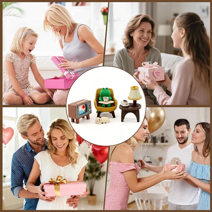 Miniature Tabletop Figurine Set, Cute Mini Frog and Cat Figurine with Small Sofa TV Table Lamp for Home Office Bedroom Shelf Desk Decorative, Frog Cat Lovers Birthday Gift(Color:Multicolor)