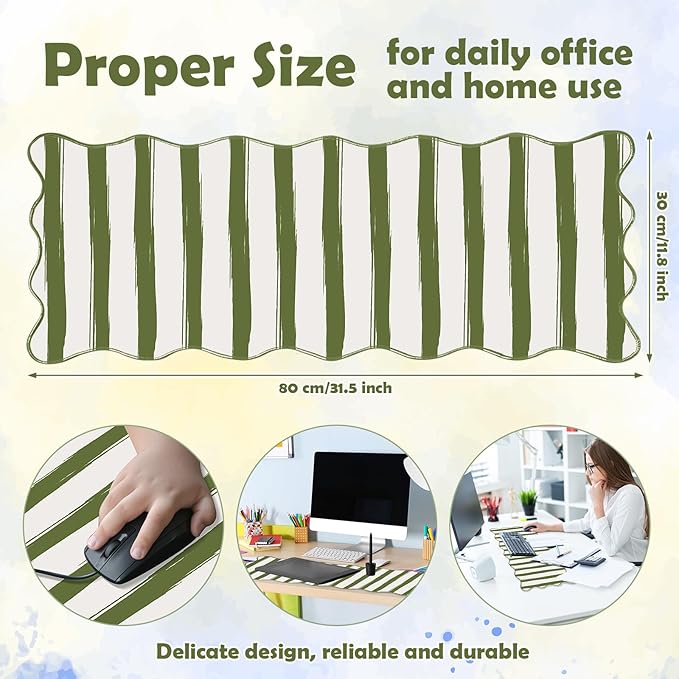 Copkim 1 Pcs Green Scalloped Striped Desk Mat 31.5 x 11.8 Inch Large Cute Mouse Pad Computer Mat Non Slip Waterproof Rubber Base with Border Stitching Soft Keyboard Pad for Home Office Gaming Makeup