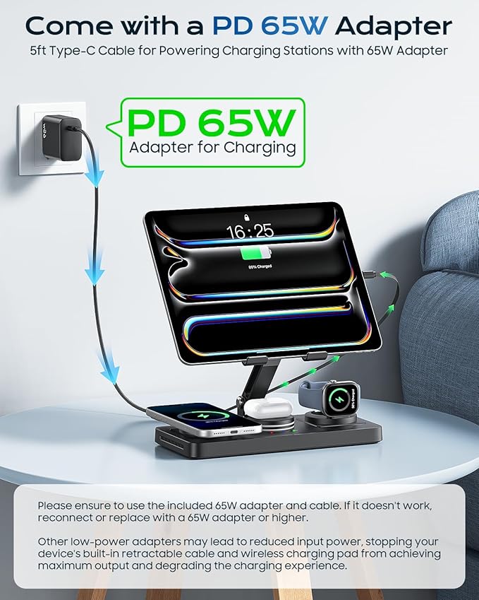 5 in 1 Charging Station for Apple Multiple Devices &65W Adapter, 30W Max Bulit-in Retractable Cable Fast Wired Charging Stand for iPad/Tab, Foldable Magnetic Wireless Charger for iPhone 17/iWatch/Buds