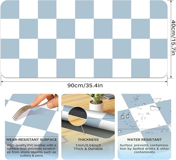 Large Checkered Desk Mat 35.4" x 15.7", PU Leather Desk Pad Protector, Large Mouse Pad for Desk, Non-Slip Blue Desk Mat, Waterproof Writing Pad for Office and Home