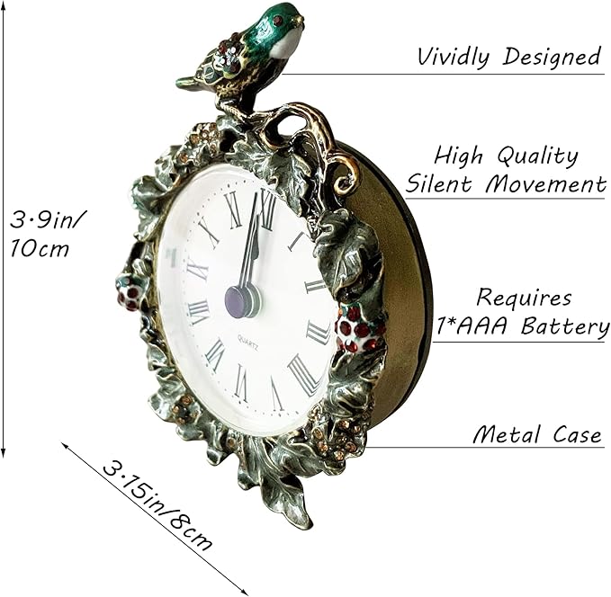 Silent Mini Vintage Analog Table Clock with Hand-Painted Metal Body and Battery Operated Non-Ticking Core for Shelf, Bedroom, Bedside, Desk, Gift Clock