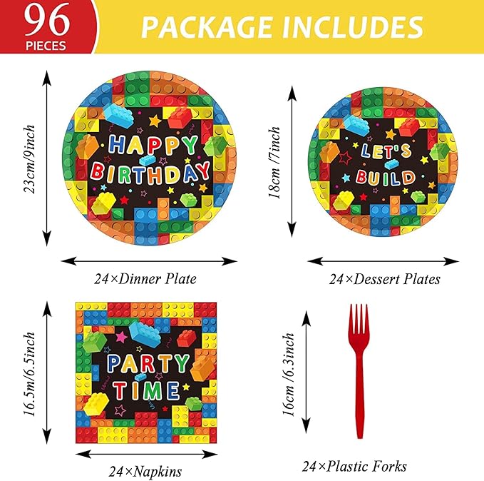 gisgfim Building Blocks Party Tableware Kit for 24 Guests Colorful Blocks Theme Birthday Party Decorations Kids Blocks Party Table Supplies Includes Plates, Napkins, Tablecloths