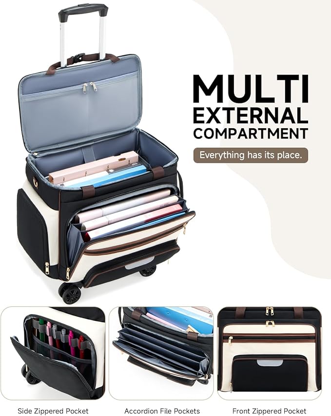 Amythe Rolling Teacher Tote Bag with Accordion File Organizer, 5-Wheel 15.6" Laptop Briefcase with Lunch Box, Wheeled Work Bag for Business, Office, Craft-Black