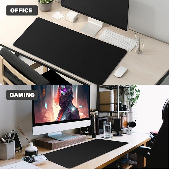 31.5" x 15.7" Waterproof Fabric Desk Pad, Rubber Anti-Slip Base, Stitched Edges No Curling, Fits Laptop Keyboard and Mouse, Smooth Office Mat Mouse Pad for Work, Black