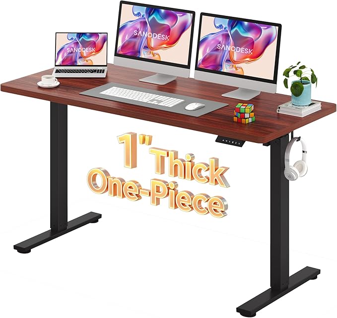 SANODESK Electric Standing Desk 60 x 24 Inches Whole-Piece Desktop Height Adjustable Stand Up Desk w/6-Button Controller Ergonomic Computer Desk for Home Office, Black Frame + Mahogany Tabletop