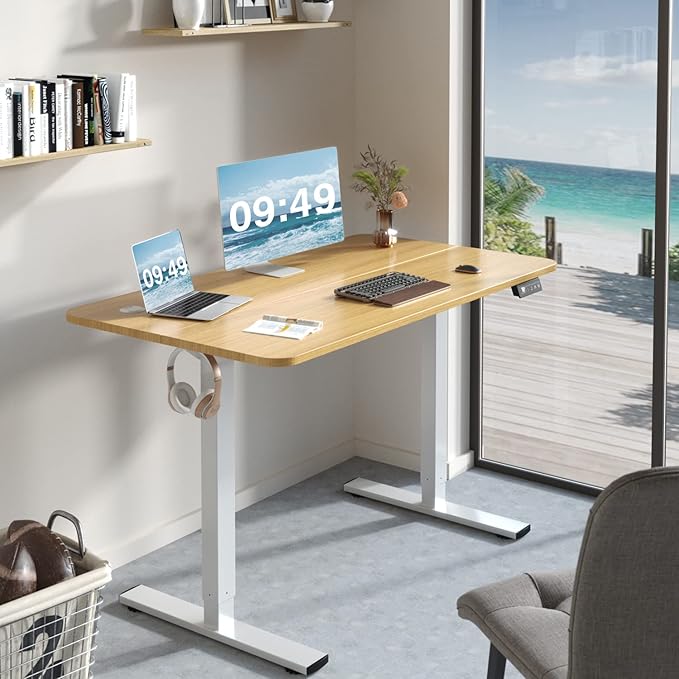 Furmax Electric Height Adjustable Standing Desk Large 48 x 24 Inches Sit Stand up Desk Home Office Computer Desk Memory Preset with T-Shaped Metal Bracket, Wood