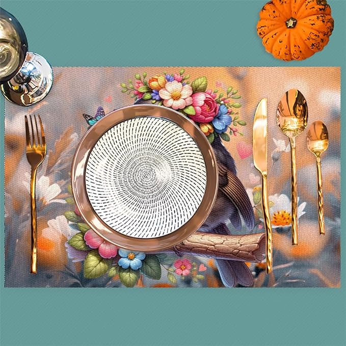 Placemats Set of 4 Heat-Resistant Rectangle Place Mats Robin Bird Cute Washable Plastic PVC Dining Table Mat Non-Slip Wipeable Woven Vinyl Placemat for Kitchen Patio Table Decor