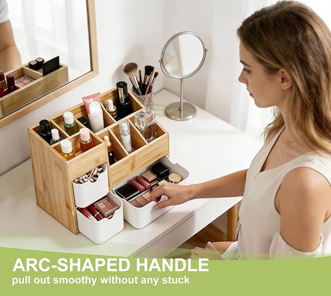 Bamboo Desktop Organizer 8 Compartment Cosmetic & Jewelry Holder with 3 Drawers, Vanity Storage Box for Skincare, Accessories & Beauty Products Display with Adjustable Dividers No Assembly Required