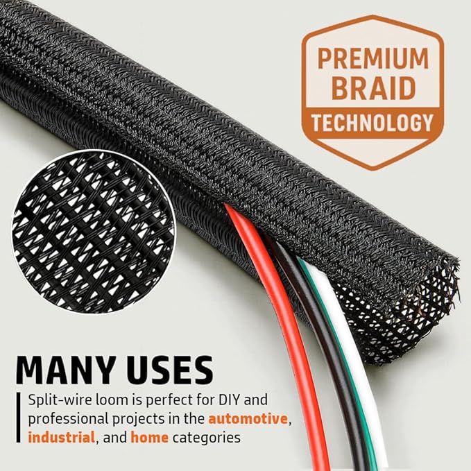 MGI SpeedWare Braided Split-Sleeve Wire Loom for High-Temperature Automotive Harness and Home Cable Management 25 feet (1/2")