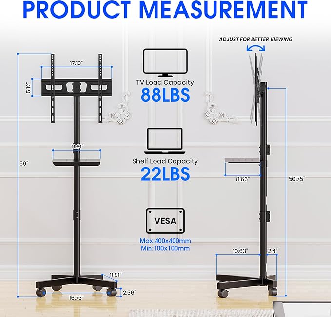 Mobile TV Stand for 23-60 Inch LCD LED OLED Flat Panel Curved Screen TVs up to 88 lbs, Tilt and Height Adjustable, Locking Rolling Wheels TV Cart with Shelf, Max VESA 400x400mm, Black