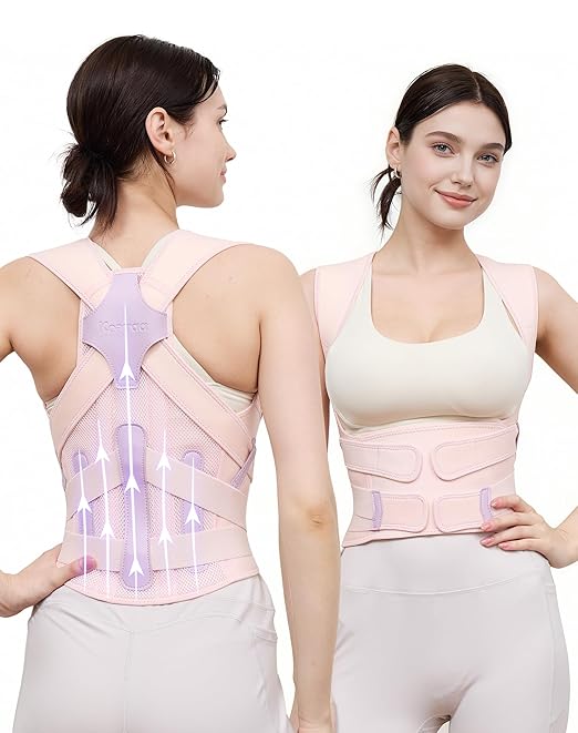 Kepwaa Posture Corrector for Women and Men, 5 Full Back Support Brace Rods, Adjustable Shoulder Straightener, Relief for Upper and Lower Back, Neck, Lumbar, Scoliosis, Hump, Pink, Medium