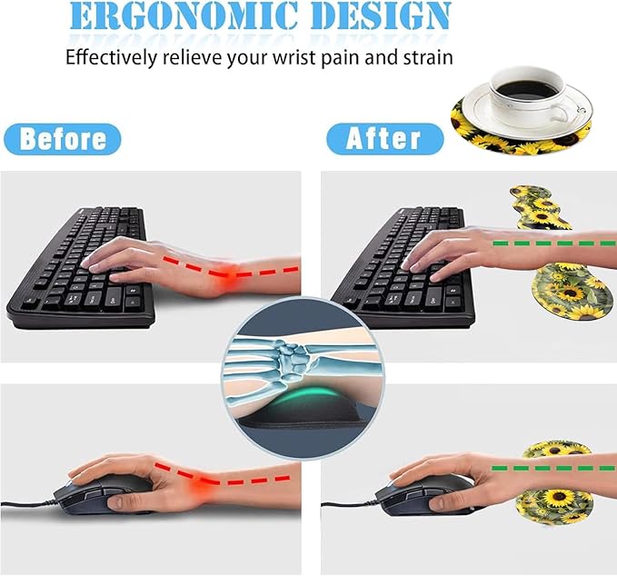 Ergonomic Mouse Pad Set with Wrist Support for Keyboard and Wrist Rest for Mouse, Memory Foam Comfort, Non-Slip Large Desk Mat for Home Office Pain Relief,Black Cat with Sunflowers