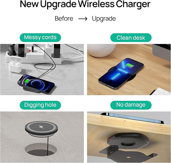 KPON Invisible Wireless Charger,30mm Under Desk Charger Mat, Furniture Table Nightstand Desktop Charging Station for iPhone17/16/15/14/13/12/Samsung/LG/Google Pixel Desk Essentials(with QC Adapter)