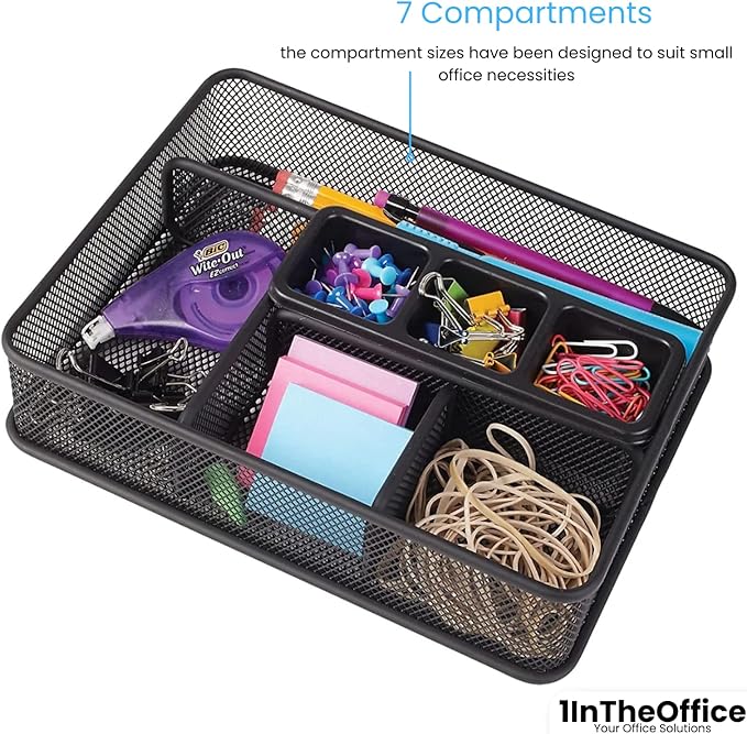 1InTheOffice Mesh Collection Desk Drawer Organizer Tray, 7 Compartment, Matte Black