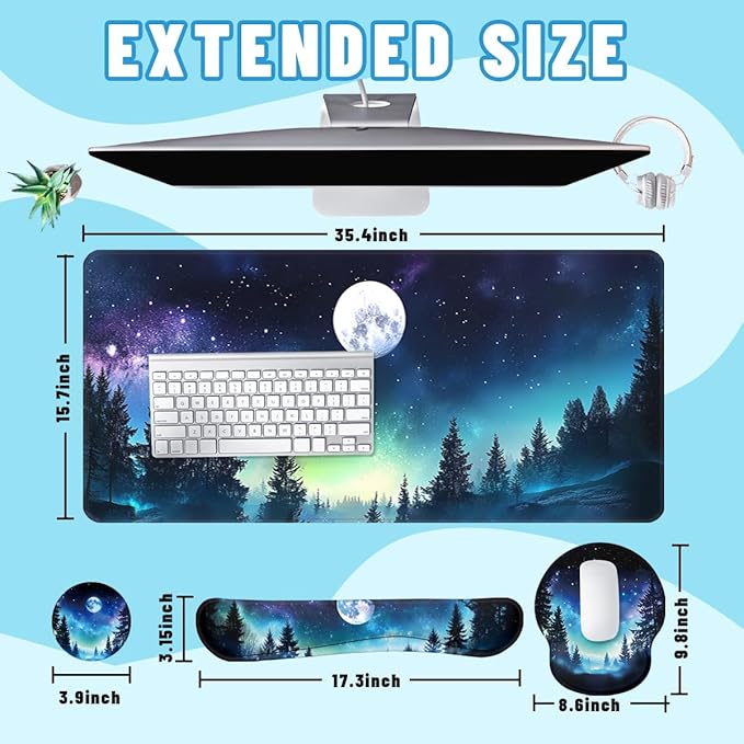Moon Night Desk Mat Set Forest Aurora Sky Large Mouse Pad with Wrist Rest 4in1 Desk Mat for Desktop Ergonomic Computer Desk Arm Wrist Anti-Slip Computer Mouse Pad Home Office Gaming