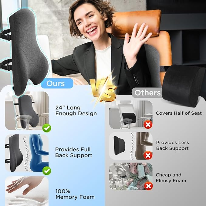 High Back Support Pillow for Office Chair Lumbar Support Pillow, Office Home Essentials- Memory Foam Fully Support Back Cushion for Desk, Gaming Chair, Promotes Posture Pain Relief Adjustable Straps