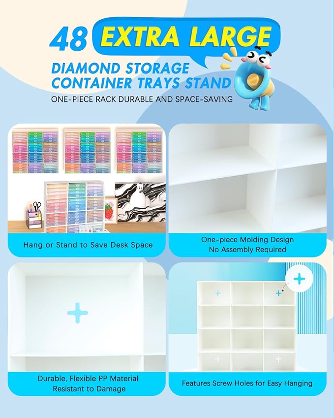 forever young Extra Large Diamond Art Storage Containers Trays ＆ Stand, 48 PCS Diamond Painting Trays with Lids for Adults & Hobbyists, 2-in-1 Organizer for Bead Sorting & Organized Workspace