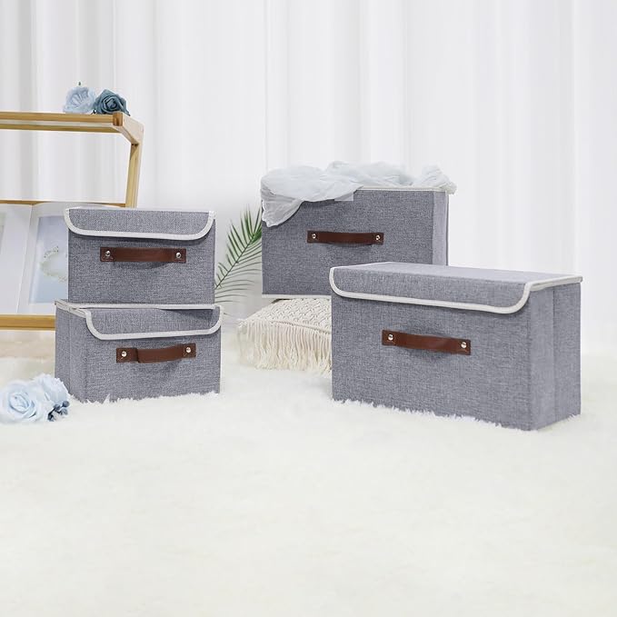 ANMINY Storage Bin with Lid Storage Boxes with PU Leather Handles PP Plastic Board Decorative Foldable Lidded Cotton Linen Fabric Home Cubes Baskets Closet Organizer Container - Gray, Medium