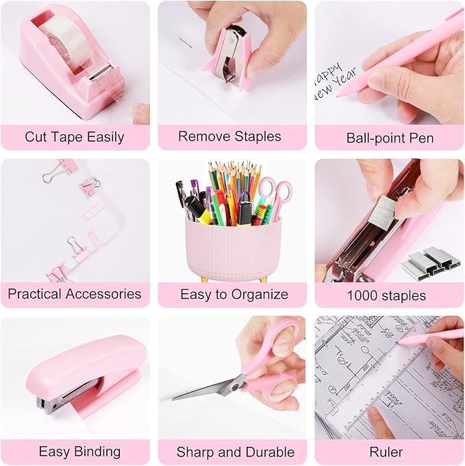 Gawsey Pink Desk Organizers and Accessories Set with 360-Degree Rotating Pen Holder, Tape Dispenser, Stapler, Staple Remover, 1000 Staples, Tape, Clips Set, Ruler, Scissor, Pen