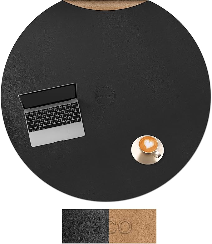 CENNBIE 42/40/36/32/30 Inches Round Table Mat - Cork Leather Table Pad Protector- Suitable as Side Dining Coffee Table Cover - Can Be Cut to Fit (Black)