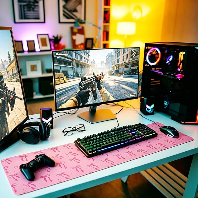 Large Gaming Mouse Pad 31.5 x 11.8in Desk Mat for Office Mousepad Anti-Skid Rubber Base Soft Comfortable and Durable Desk Pad (Pink Bow)