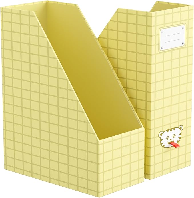 JiaWei Magazine File Holder Foldable Storage Boxes for Documents - Set of 2 Cardboard Magazine Rack Made of 2150 g/m² 10.5 cm Wide，Desk Organizer for Classroom, Home, and Office - Yellow