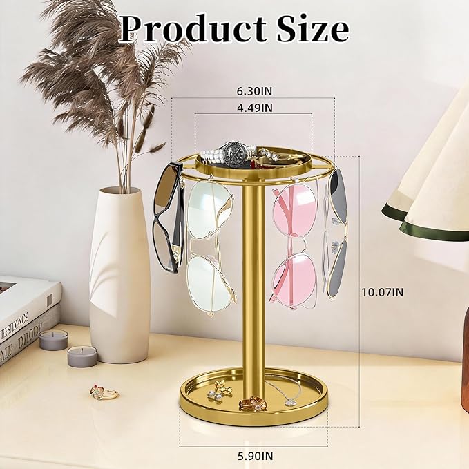 LSK 360° Rotating Sunglasses Organizer, Stainless Steel Glasses Holder Stand with Organizer Tray, Eyeglasses Holder with Storage Base for Dresser, Desk Table, Nightstand & Home Decor, Gold