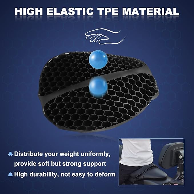 Foldable Motorcycle Gel Seat Cushion, Large 3D-Honeycomb Structure Shock Absorption & Breathable Motorcycle Gel Seat Pad for Long Rides (L)