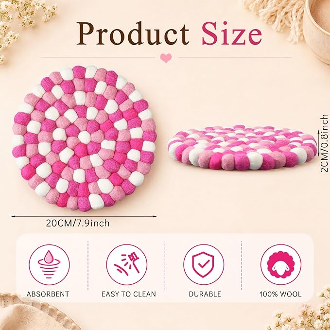 Lallisa 2 Pieces Felt Ball Trivet Round Felt Ball Coasters Handmade Trivet Multi Color Pot Mat Hot Plate Holder Heat Resistant Pot Holder for Table Desk Kitchen Decoration Accessories(Pink)