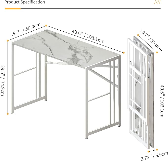 Lutown-Teen Folding Computer Desk 40 inch Writing Gaming Computer Camping Desk, No Assembly Required Home Office Table, White Marble