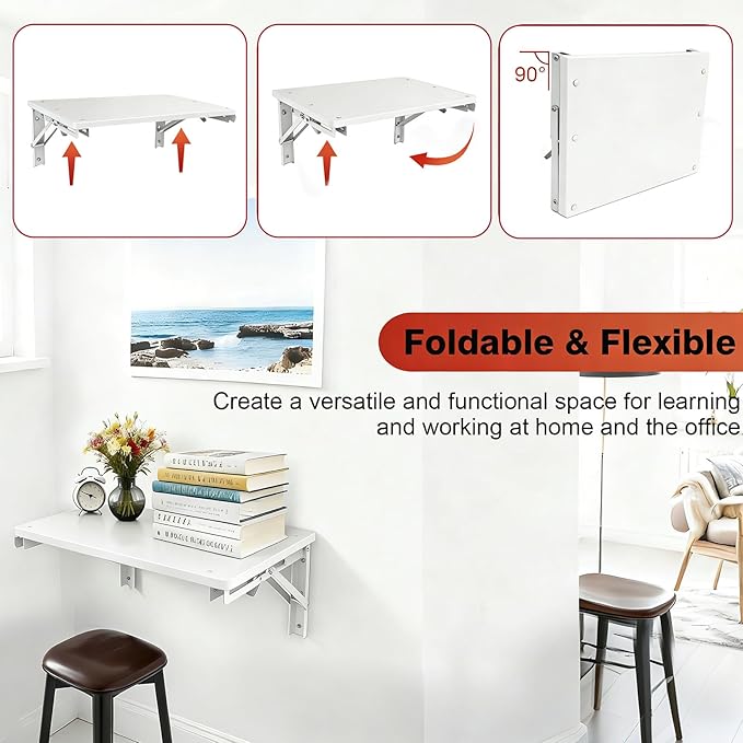 HWMYD Folding Table Wall Mounted for Small Space, Wooden Wall Shelf for Living Room Bedroom Decor, Home Office Floating Fold Down Desk, Media Shelves with Heavy-Duty Brackets Holds Up to 55lbs, White