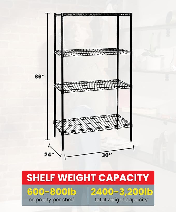 Quantum Storage Systems WR86-2430BK Wire Shelving Starter Kit, 30" W x 24" D x 86" H, 600 lbs Capacity, Carbon Steel, Epoxy Coated, Black, NSF
