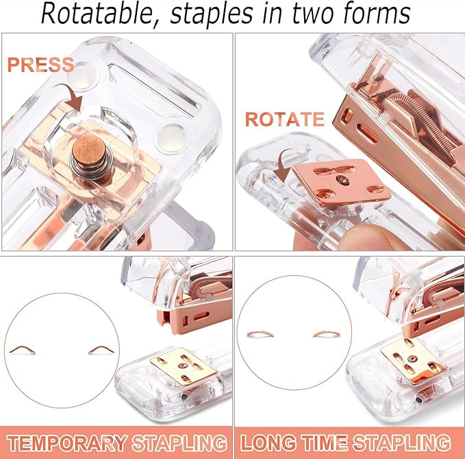 Gawsey Rose Gold Desk Organizers and Accessories Set with 360-Degree Rotating Pen Holder, Acrylic Stapler, Tape Holder, Staple Remover, Binder/Paper Clips Kit, Scissor and 1 Box of Staples