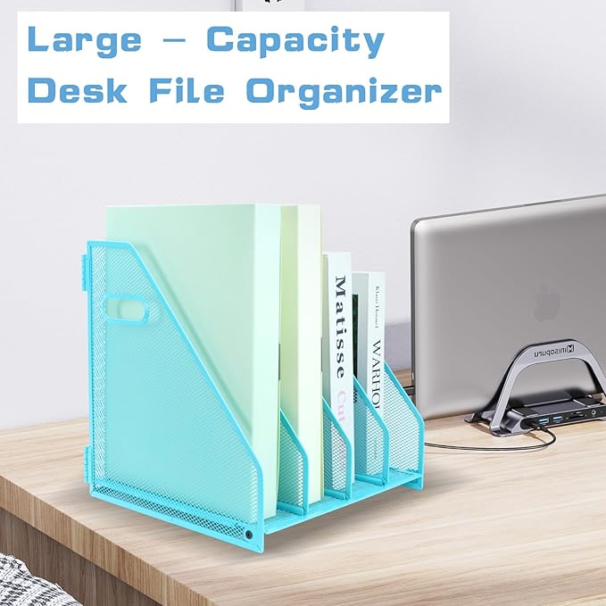 Desk Organizers Metal Magazine File Holder Racks Desktop Folder Storage Binder Organiser Document Organization for Home Office & Classroom,4 Vertical Compartments-Blue