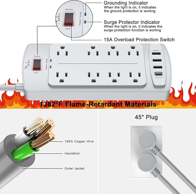 Surge Protector Power Strip - Nuetsa Flat Plug Extension Cord with 8 Outlets and 4 USB Ports, 6 Feet Power Cord, 2700 Joules, ETL Listed, Grey