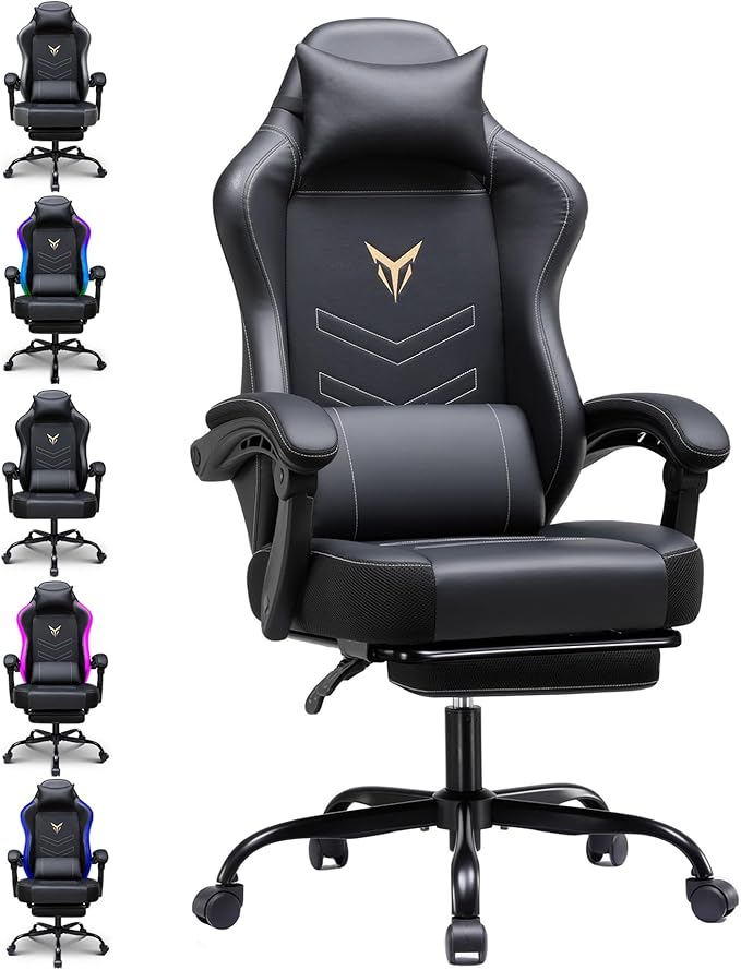 GTPLAYER Gaming Chair, Office Chair High Back Computer Chair with Foot Rest for Adults, Leather Desk Chair Executive Ergonomic Height Adjustable with Headrest and Lumbar Support, 300lbs Dark Black