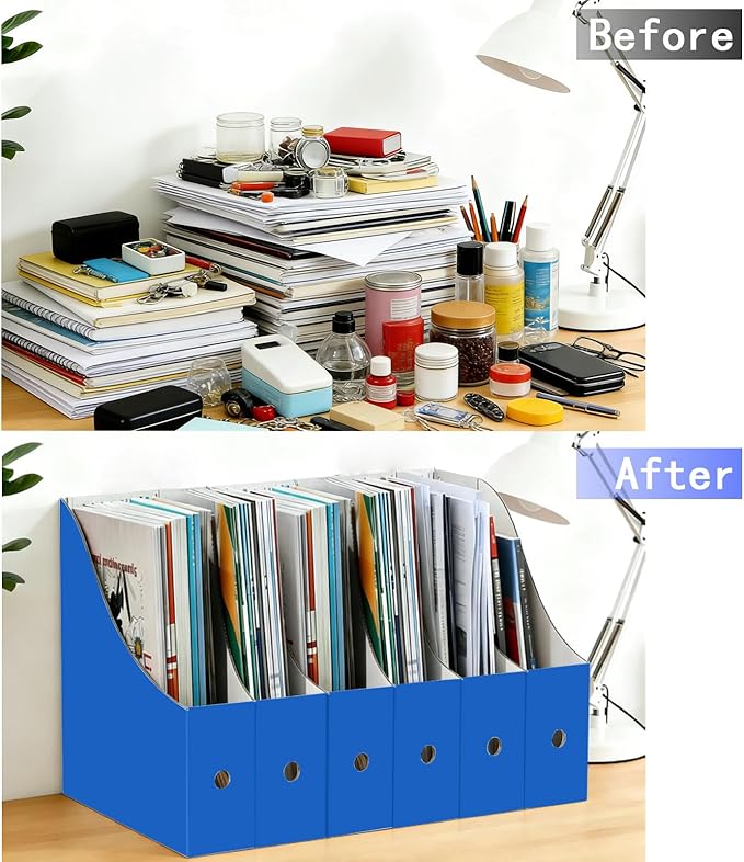 Limitliho 6 Pack Blue Cardboard Magazine Holder for Desk, Book Bins for Classroom Library,Office,Home, 10.6" H x 10.2" L x 3.5" W in Magazine File Holder
