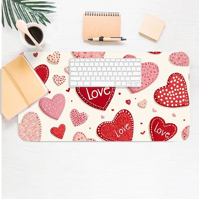 Valentine Desk Mat, Cute Love Heart Large Mouse Pad for Desktop, PU Leather Waterproof Desk Pad, Computer PC Laptop Protector Gaming Mouse Pads Valentine's Day Gifts for Her Him (27.5" x 13.8")