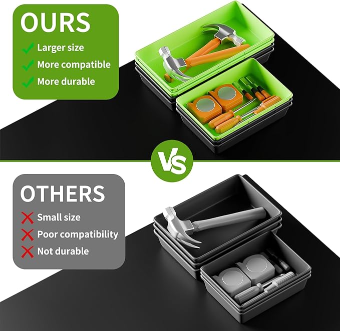 [5 Sizes] [69 PCS] Tool Drawer Organizer, Tool Box Tray, Desk Drawer Tray, Rolling Tool Chest, Toolbox (Black+Green)