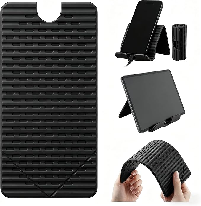 Flexible Silicone Aluminum Phone Holder Tablet Stand with Charging Port Design, Foldable Airplane Laptop/Phone Stand for Home Office Travel (Black)
